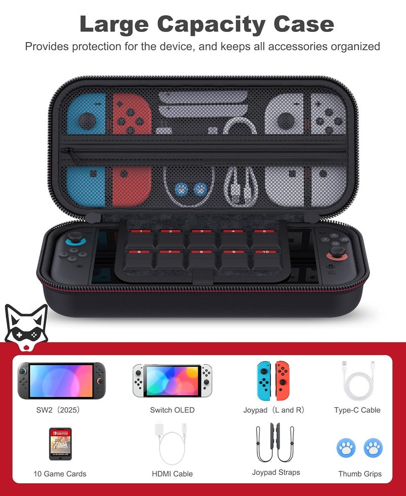 AXYBCOOL Store Switch 2 Case Compatible with Nintendo Switch 2(2025)/Switch/Switch OLED, Portable Hard Shell Switch 2 Travel Case for Accessories and Games with Cute Fox Shaped Zippers-Black - Image 3